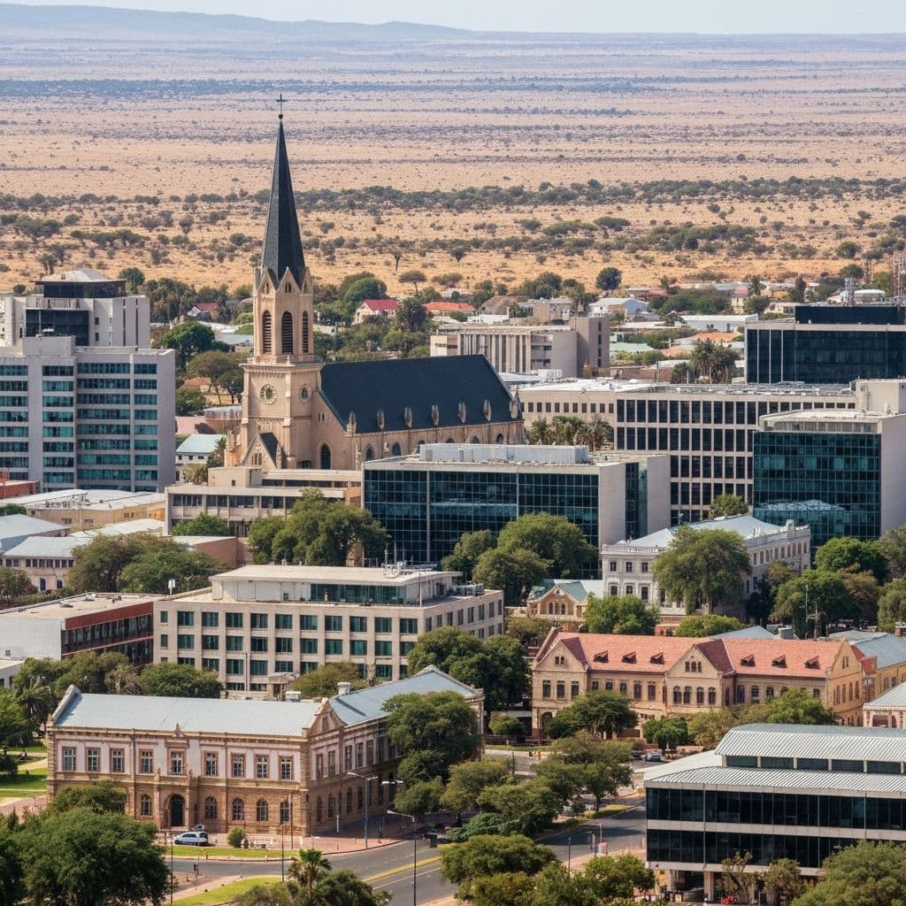 The city of Windhoek, Namibia, set among its surrounding hills