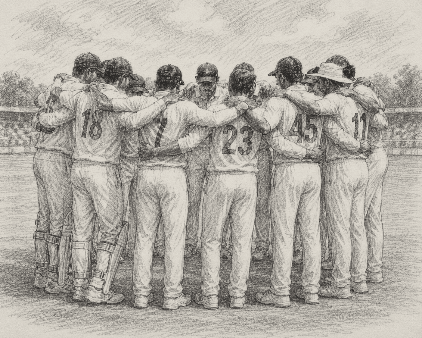 Illustration of a cricket team gathered in a huddle before play