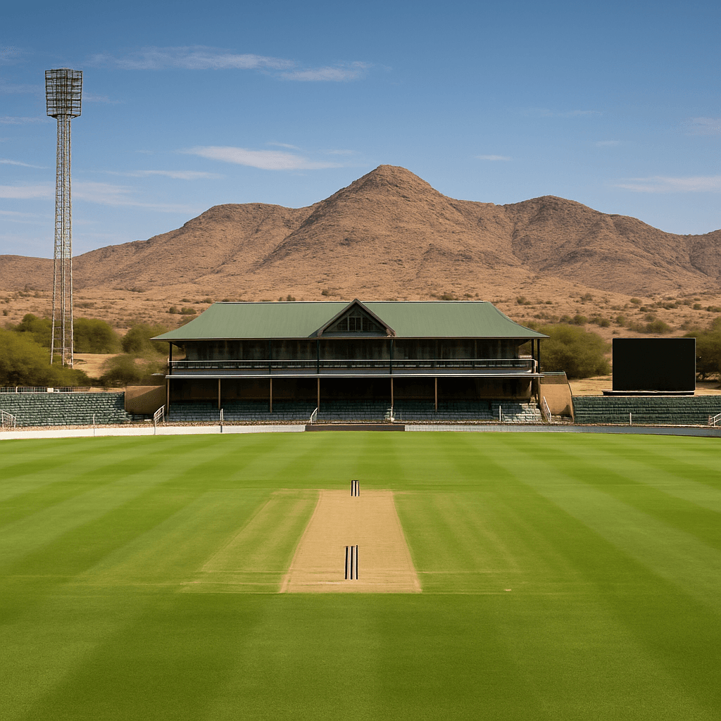 Cricket in Windhoek, a compact ground with grass banks and a low pavilion